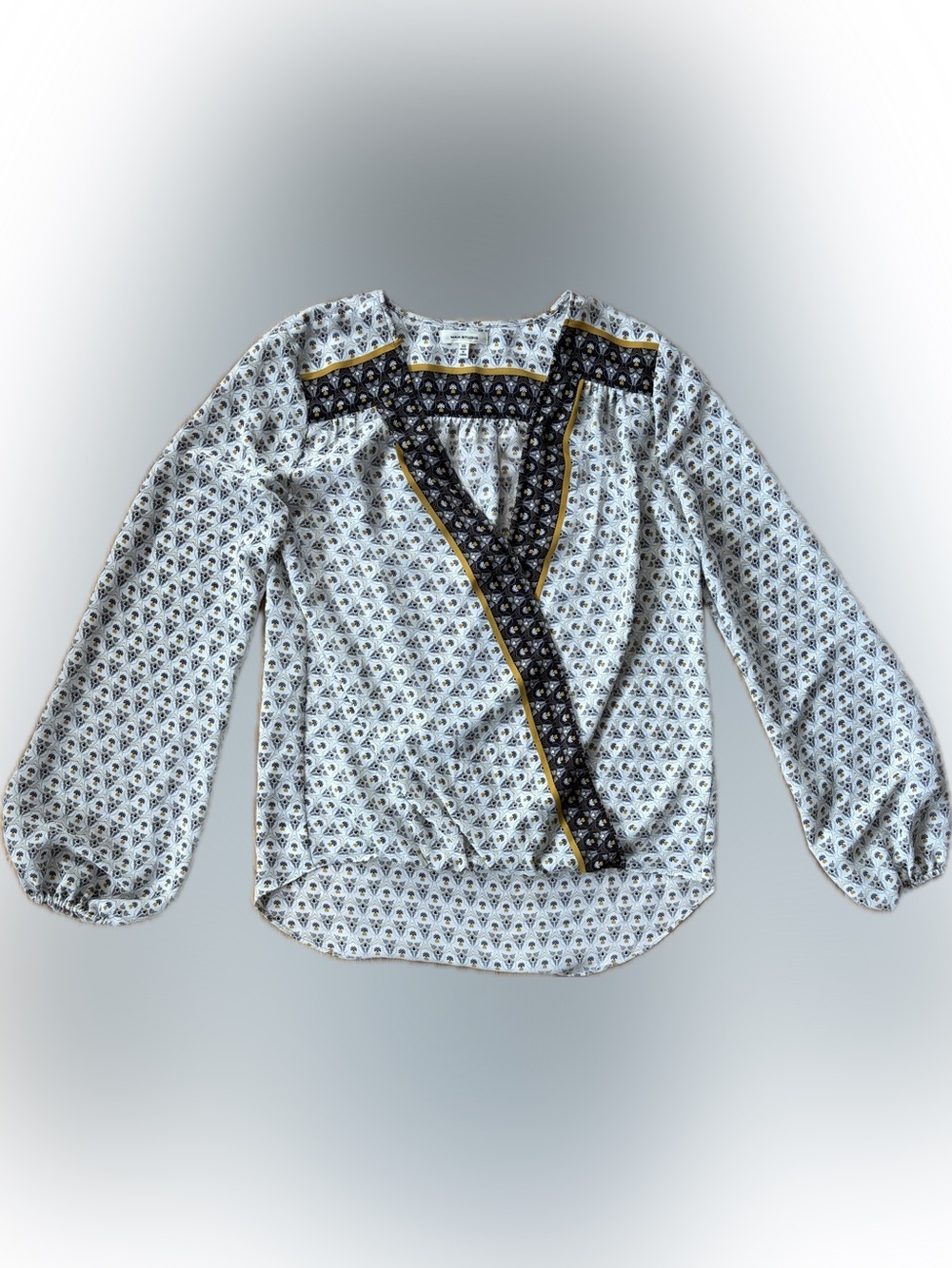 Max Studio White Floral-Print V-Neck Bubble Blouse with Black and Mustard Trim